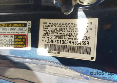 2010 Honda Civic Lx из США, поврежденный, VIN 2HGFG1B63AH504599